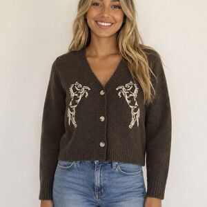 Threaded Leaf Horse Cardigan Sweater Brown Embroidered Western Size Large